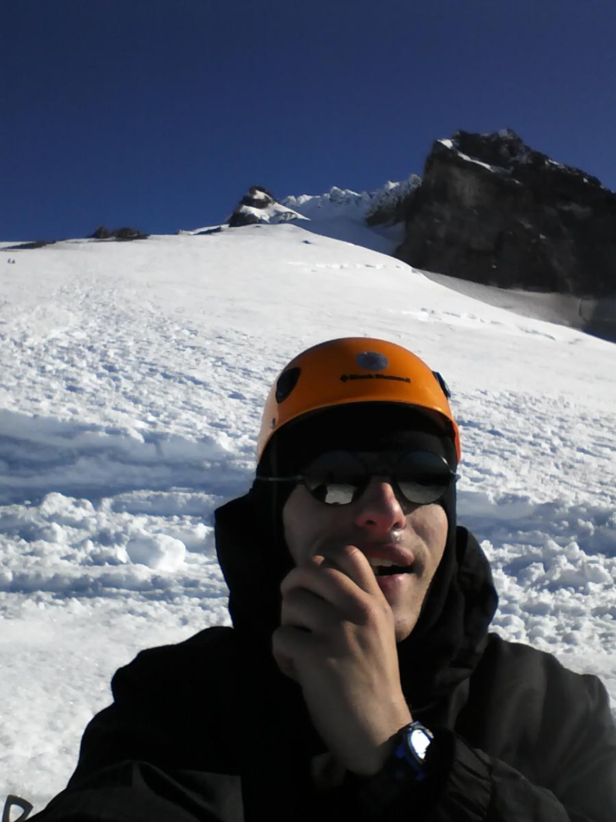 KB3QEW's selfie on the way back to Timberline Lodge, showing the top of Mount Hood in the background