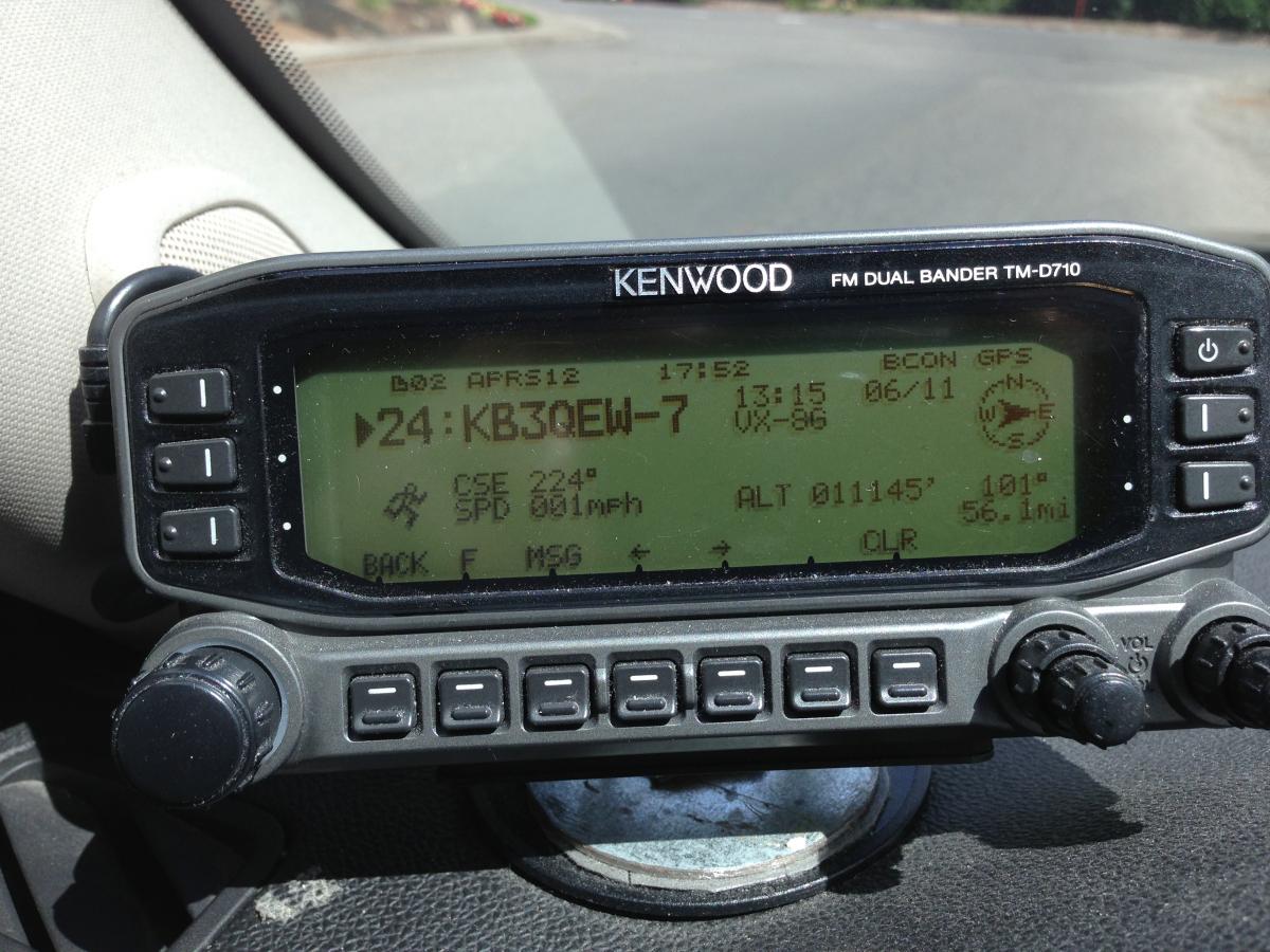 John N7AAM's photo of his mobile unit displaying KB3QEW's APRS beacon at 11,145'