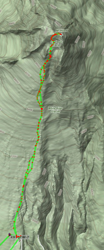 Screenshot of APRS.fi showing KB3QEW tracks from Timberline Lodge to Mount Hood summit and back.