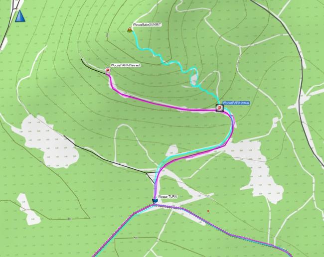 Parking Planned and Actual locations and Route to summit on abandoned road