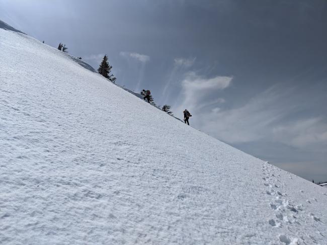 Ascending the north face of the ridge, headed down the mountain