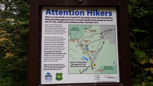 Notice regarding traversing the Bull Run Watershed on the PCT