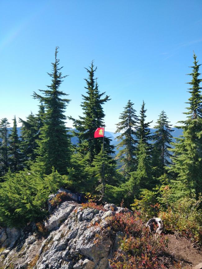 Rocky outcropping, backpack with radio gear, PVC mast w/ SOTA flag & small trees