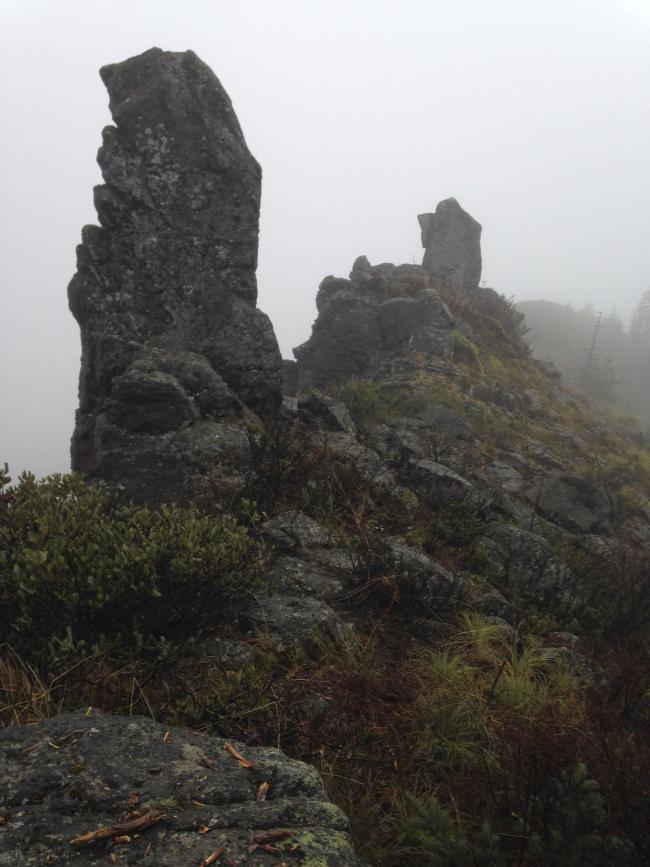 Two of three rock pillars on Buck Mtn summit, inverted L supported by closest on