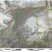 Close-up of our Caltopo map, our route is in green