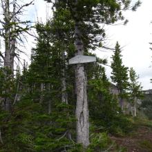 Komes Mtn sign at the base of pk 8,348