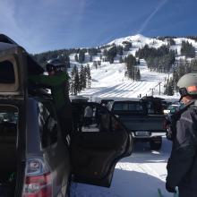 Unloading ski gear at Mount Bachelor base, 6,300 feet +/-