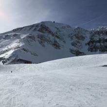 Looking back on Lone Mountain while skiing back to Base