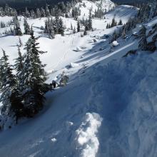 Postholing through snow on North side of summit block