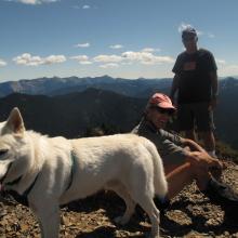 Summit of Tahtlum Peak - Loren, seated, Dan, standing and Maximus the Husky