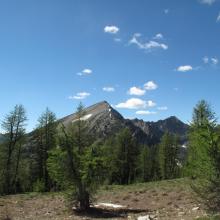 Pyramid Mountain looming in the distance.  It is quite apparent why it was named Pyramid.