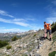 Near summit of Pyramid Mountain.  Weather slowly starting to change...