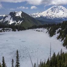 Frozen Summit Lake, May 30, 2016.  Mount Rainier in background - Photo - KG7EJT. 