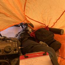 In the Bothy still with snowshoes on.