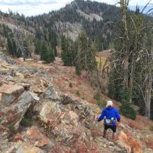 Starting back down from the summit.  Brundage ski area in the distance.