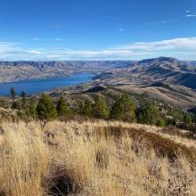 The view to the east. Lake Chelan, the city of Chelan, and Chelan Butte