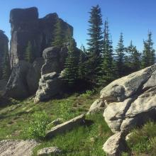 Summit Pinnacles.  Center pinnacle had old Lookout platform, ladder access