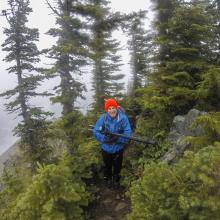 Chris after leaving the summit - note huge tripod used to mount 3-element Yagi