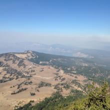 View towards Crater Lake from summit on a smoky day