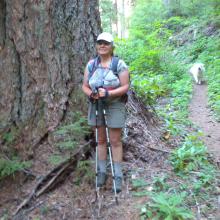 XYL, Christina, and dog, Gordy, in old growth forest
